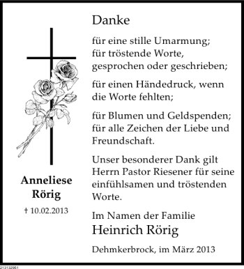 Traueranzeige von Anneliese Rörig von Deister- und Weserzeitung