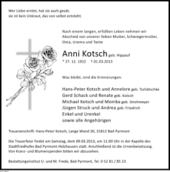 Traueranzeige von Anni Kotsch von Deister- und Weserzeitung