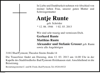Traueranzeige von Antje Runte von Deister- und Weserzeitung