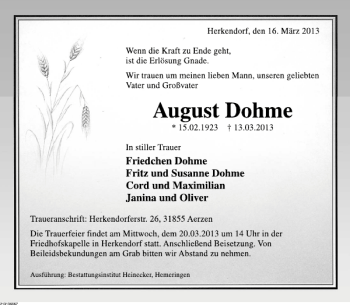 Traueranzeige von August Dohme von Deister- und Weserzeitung