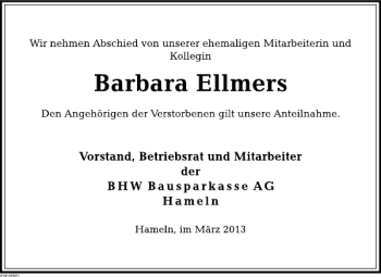 Traueranzeige von Barbara Ellmers von Deister- und Weserzeitung