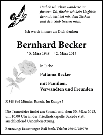 Traueranzeige von Bernhard Becker von Neue Deister-Zeitung