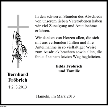 Traueranzeige von Bernhard Fröbrich von Deister- und Weserzeitung