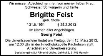 Traueranzeige von Brigitte Feist von Deister- und Weserzeitung