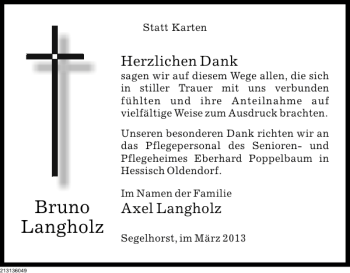 Traueranzeige von Bruno Langholz von Deister- und Weserzeitung