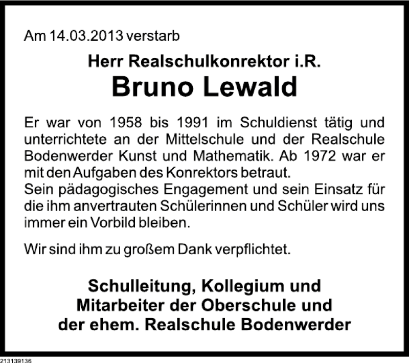  Traueranzeige für Bruno Lewald vom 23.03.2013 aus Deister- und Weserzeitung
