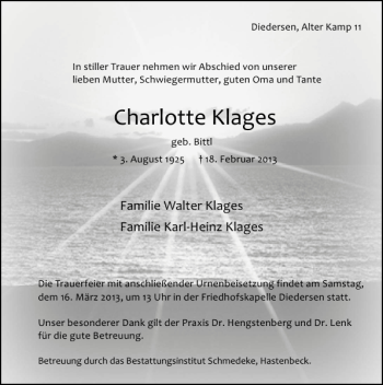 Traueranzeige von Charlotte Klages von Deister- und Weserzeitung
