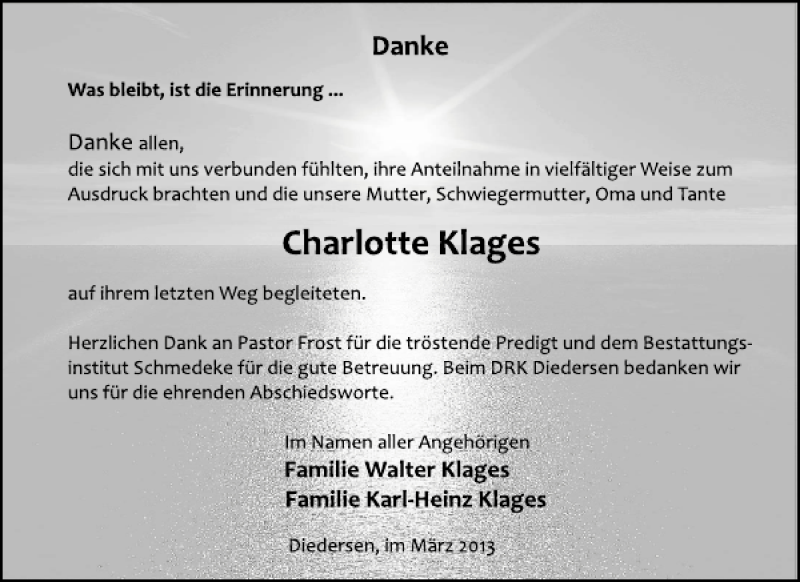  Traueranzeige für Charlotte Klages vom 30.03.2013 aus Deister- und Weserzeitung