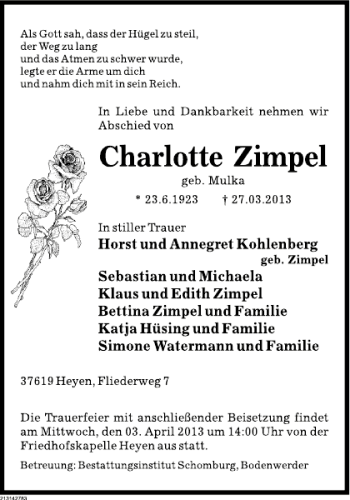 Traueranzeige von Charlotte Zimpel von Deister- und Weserzeitung