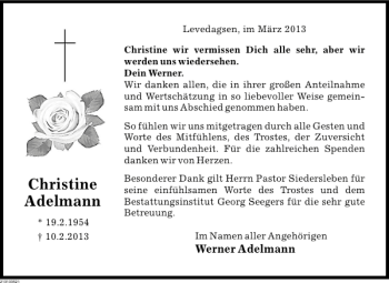 Traueranzeige von Christine Adelmann von Deister- und Weserzeitung
