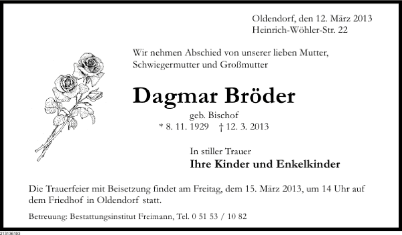  Traueranzeige für Dagmar Bröder vom 14.03.2013 aus Deister- und Weserzeitung