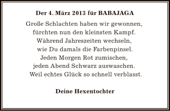 Traueranzeige von Der März für BABAJAGA Hexentochter von Deister- und Weserzeitung