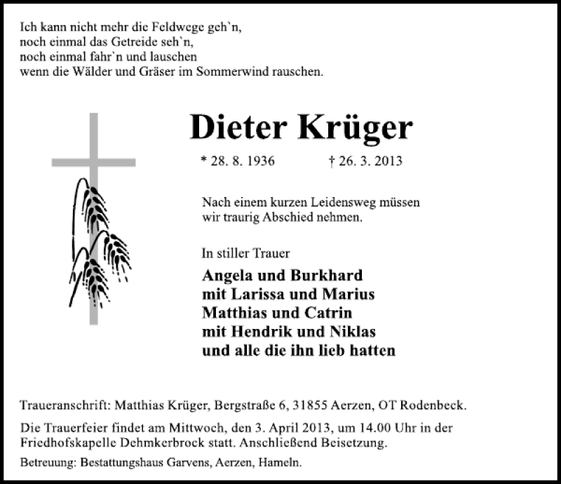  Traueranzeige für Dieter Krüger vom 30.03.2013 aus Deister- und Weserzeitung