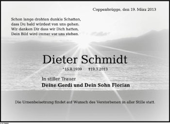 Traueranzeige von Dieter Schmidt von Deister- und Weserzeitung