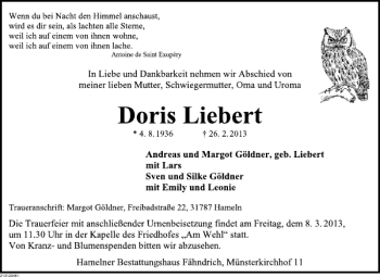 Traueranzeige von Doris Liebert von Deister- und Weserzeitung