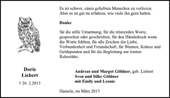 Traueranzeige von Doris Liebert von Deister- und Weserzeitung