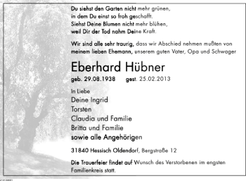 Traueranzeige von Eberhard Hübner von Deister- und Weserzeitung