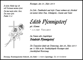 Traueranzeige von Edith Pfennigstorf von Deister- und Weserzeitung