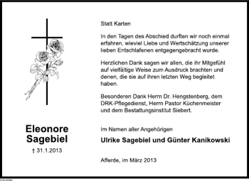 Traueranzeige von Eleonore Sagebiel von Deister- und Weserzeitung