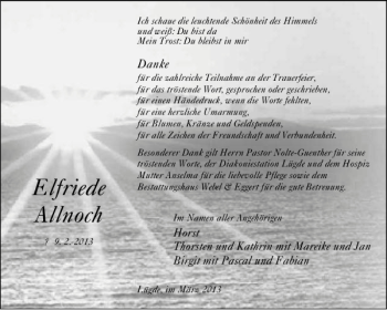 Traueranzeige von Elfriede Allnoch von Deister- und Weserzeitung