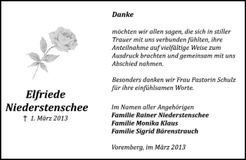 Traueranzeige von Elfriede Niederstenschee von Deister- und Weserzeitung