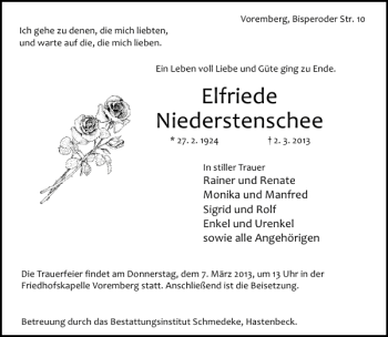 Traueranzeige von Elfriede Niederstenschee von Deister- und Weserzeitung
