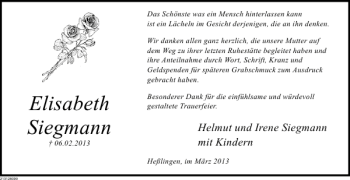 Traueranzeige von Elisabeth Siegmann von Deister- und Weserzeitung