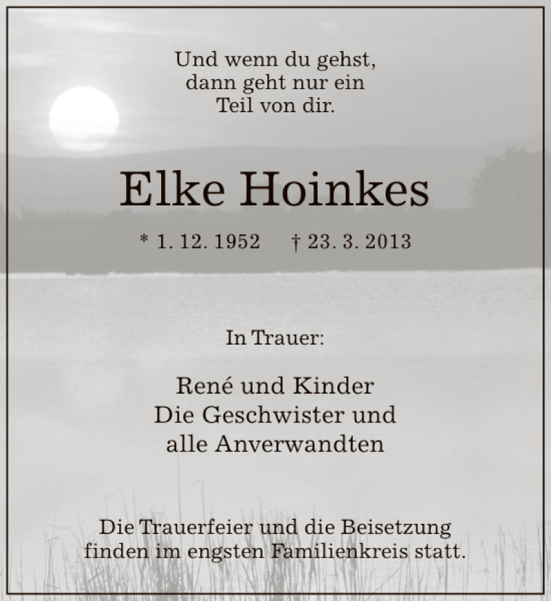  Traueranzeige für Elke Hoinkes vom 30.03.2013 aus Deister- und Weserzeitung