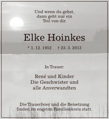 Traueranzeige von Elke Hoinkes von Deister- und Weserzeitung