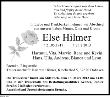 Traueranzeige von Else Hilmer von Deister- und Weserzeitung