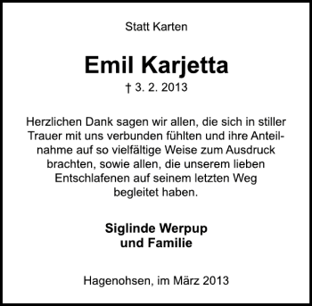 Traueranzeige von Emil Karjetta von Deister- und Weserzeitung