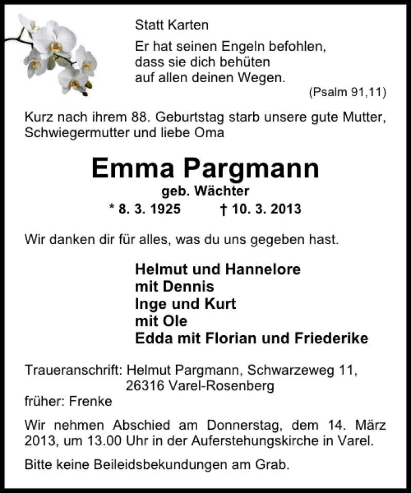  Traueranzeige für Emma Pargmann vom 12.03.2013 aus Deister- und Weserzeitung