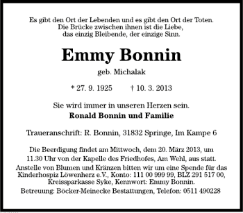 Traueranzeige von Emmy Bonnin von Deister- und Weserzeitung