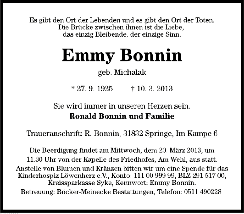  Traueranzeige für Emmy Bonnin vom 16.03.2013 aus Deister- und Weserzeitung