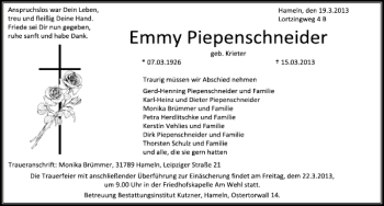 Traueranzeige von Emmy Piepenschneider von Deister- und Weserzeitung