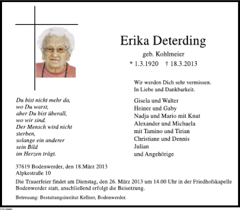 Traueranzeige von Erika Deiterding von Deister- und Weserzeitung