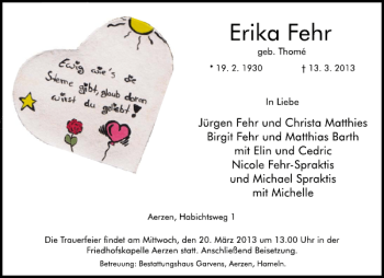 Traueranzeige von Erika Fehr von Deister- und Weserzeitung