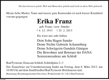 Traueranzeige von Erika Franz von Deister- und Weserzeitung