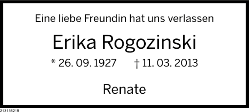  Traueranzeige für Erika Rogozinski vom 16.03.2013 aus Deister- und Weserzeitung