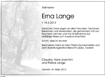 Traueranzeige von Erna Lange von Deister- und Weserzeitung