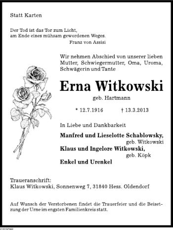 Traueranzeige von Erna Witkowski von Deister- und Weserzeitung