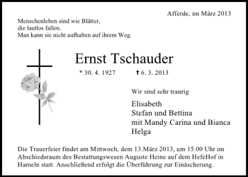 Traueranzeige von Ernst Tschauder von Deister- und Weserzeitung