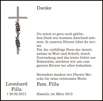 Traueranzeige von Fam. Filla Leonhard Filla von Deister- und Weserzeitung