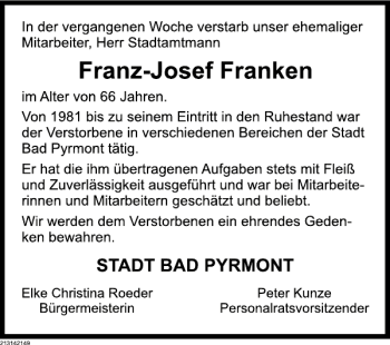 Traueranzeige von Franz-Josef Franken von Deister- und Weserzeitung