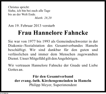 Traueranzeige von Frau Hannelore Fahncke von Deister- und Weserzeitung