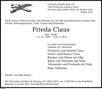 Traueranzeige von Frieda Claus von Deister- und Weserzeitung