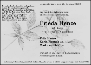 Traueranzeige von Frieda Henze von Deister- und Weserzeitung
