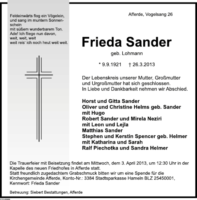  Traueranzeige für Frieda Sander vom 30.03.2013 aus Deister- und Weserzeitung