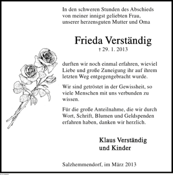 Traueranzeige von Frieda Verständig von Deister- und Weserzeitung