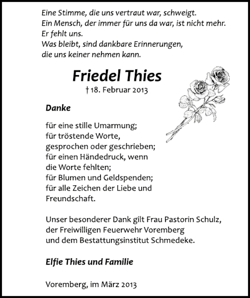  Traueranzeige für Friedel Thies vom 23.03.2013 aus Deister- und Weserzeitung